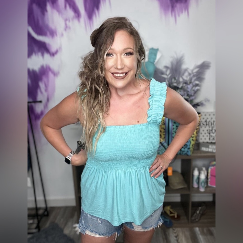 Best Part of Me Tank Top Smocked. Ruffle Shoulder.